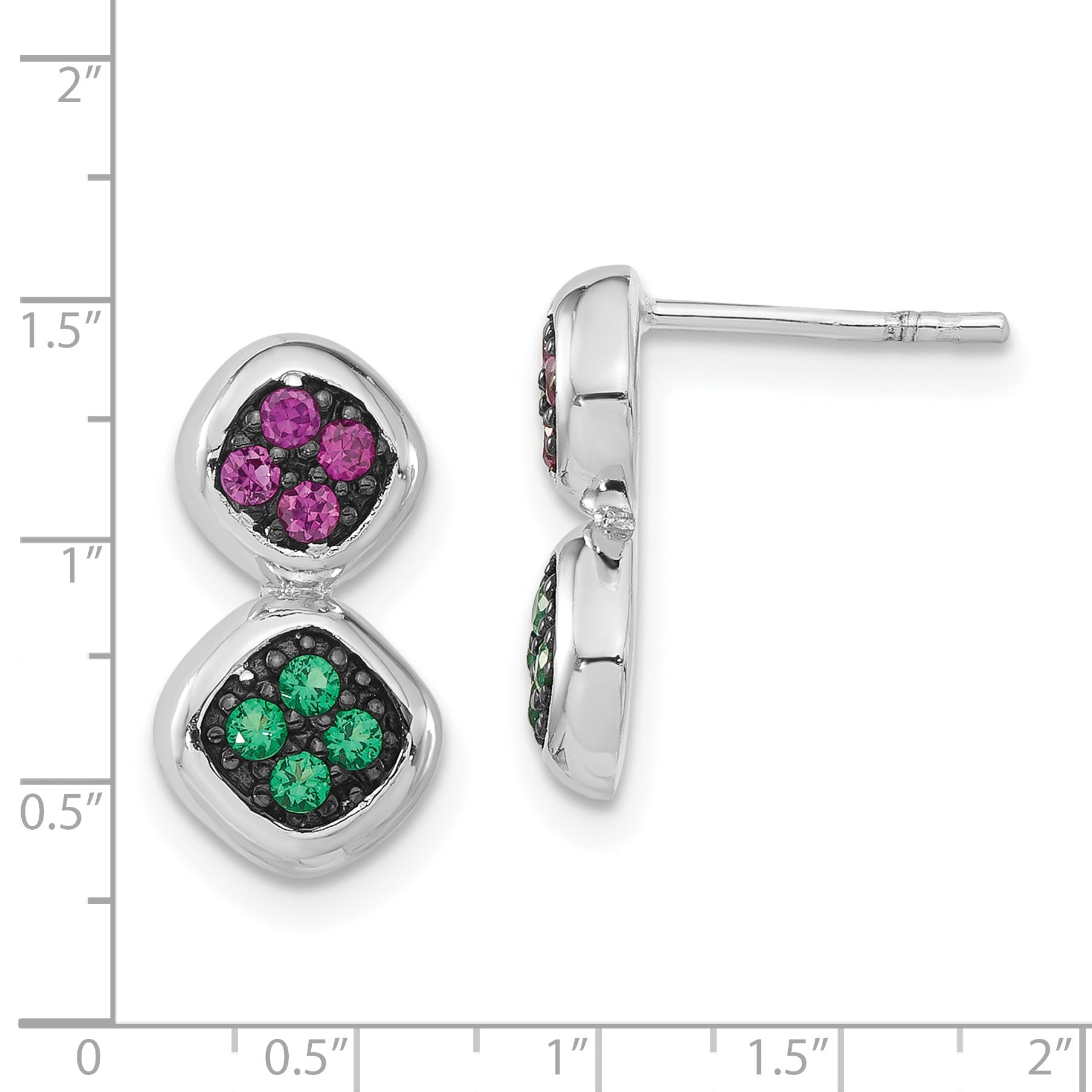 Sterling Silver Black Rhodium Synthetic Ruby & Green Spinel Post Dangle Earrings