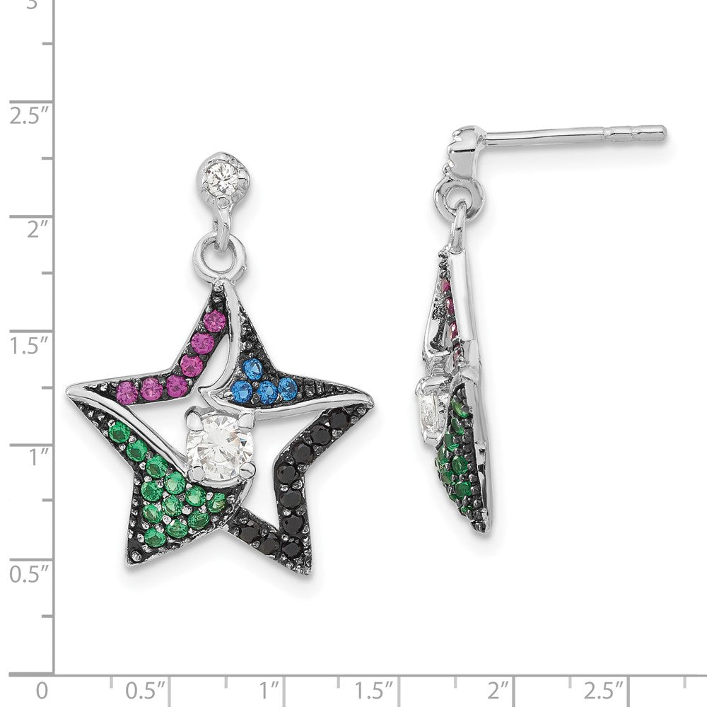 Sterling Silver W/ Black Rhodium Synthetic Spinel, Syn. Ruby & Cz Star Post Dangle Earrings