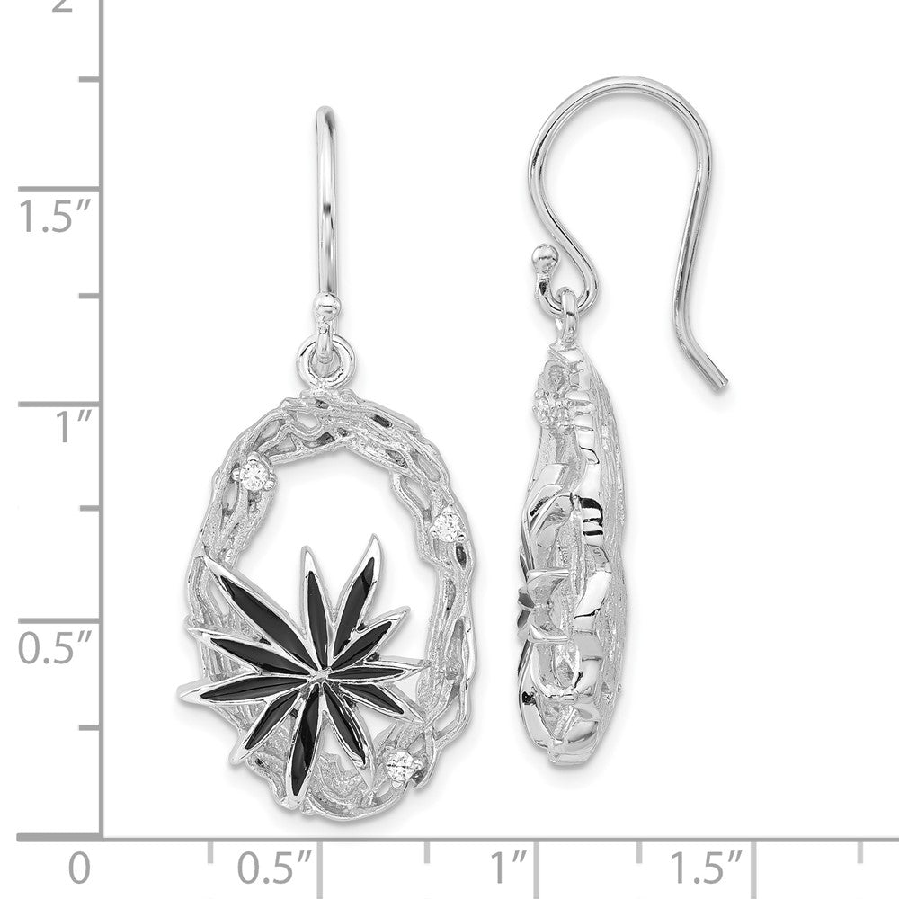 Sterling Silver Polished & Textured Black Enamel Cz Flower Dangle Earrings