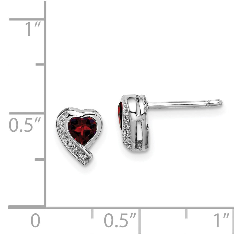 Sterling Silver Rhodium-Plated Garnet And Diamond Heart Earrings
