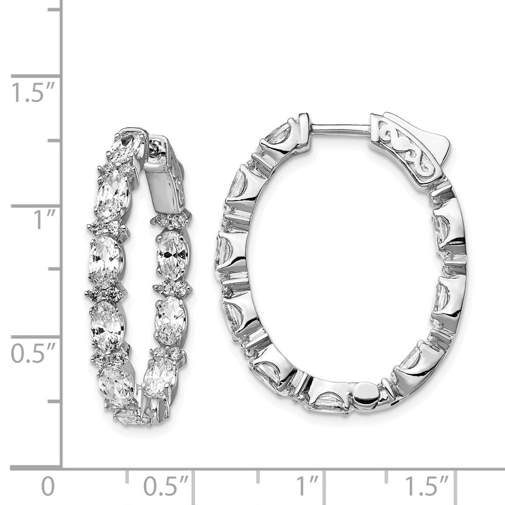 Sterling Silver Shimmer Rhodium-Plated 54 Stone Cz Fancy In And Out Oval Hinged Hoop Earrings