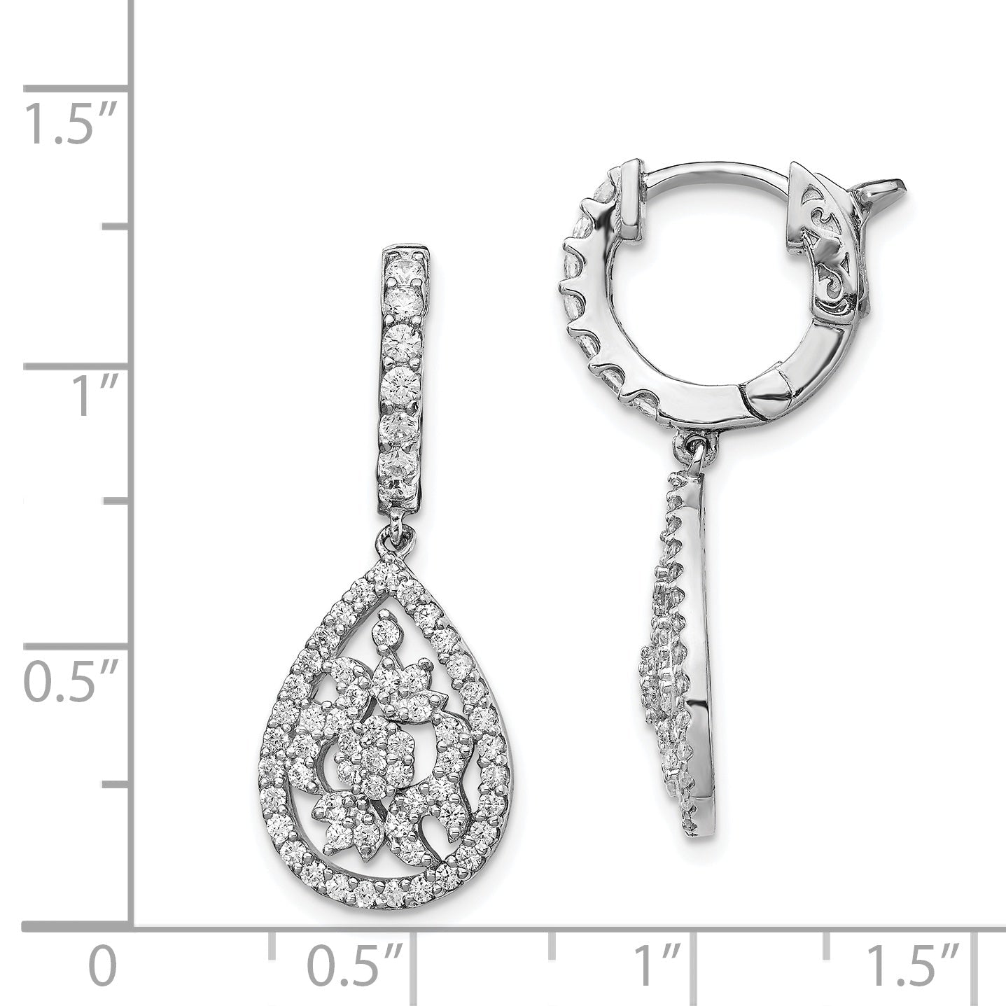 Sterling Silver Shimmer Rhodium-Plated 126 Stone Cz Teardrop Dangle Hinged Hoop Earrings