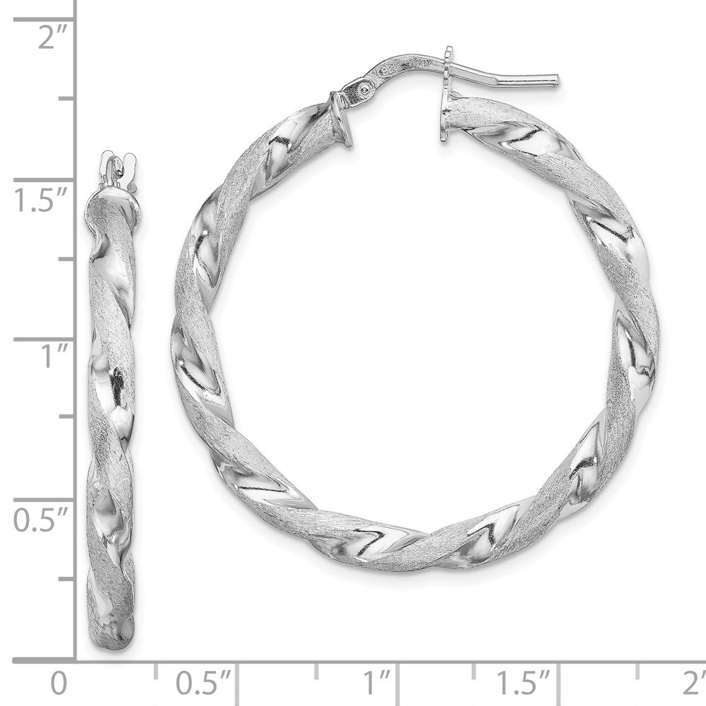 Sterling Silver Rh-Plated Satin Polished Twisted 3X35mm Hoop Earrings