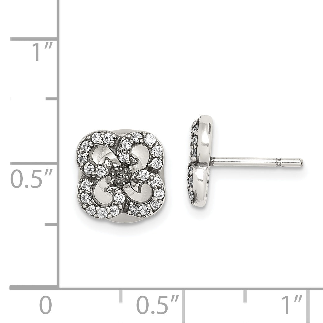 Sterling Silver Antiqued Cz Flower Front & Back Post Earrings