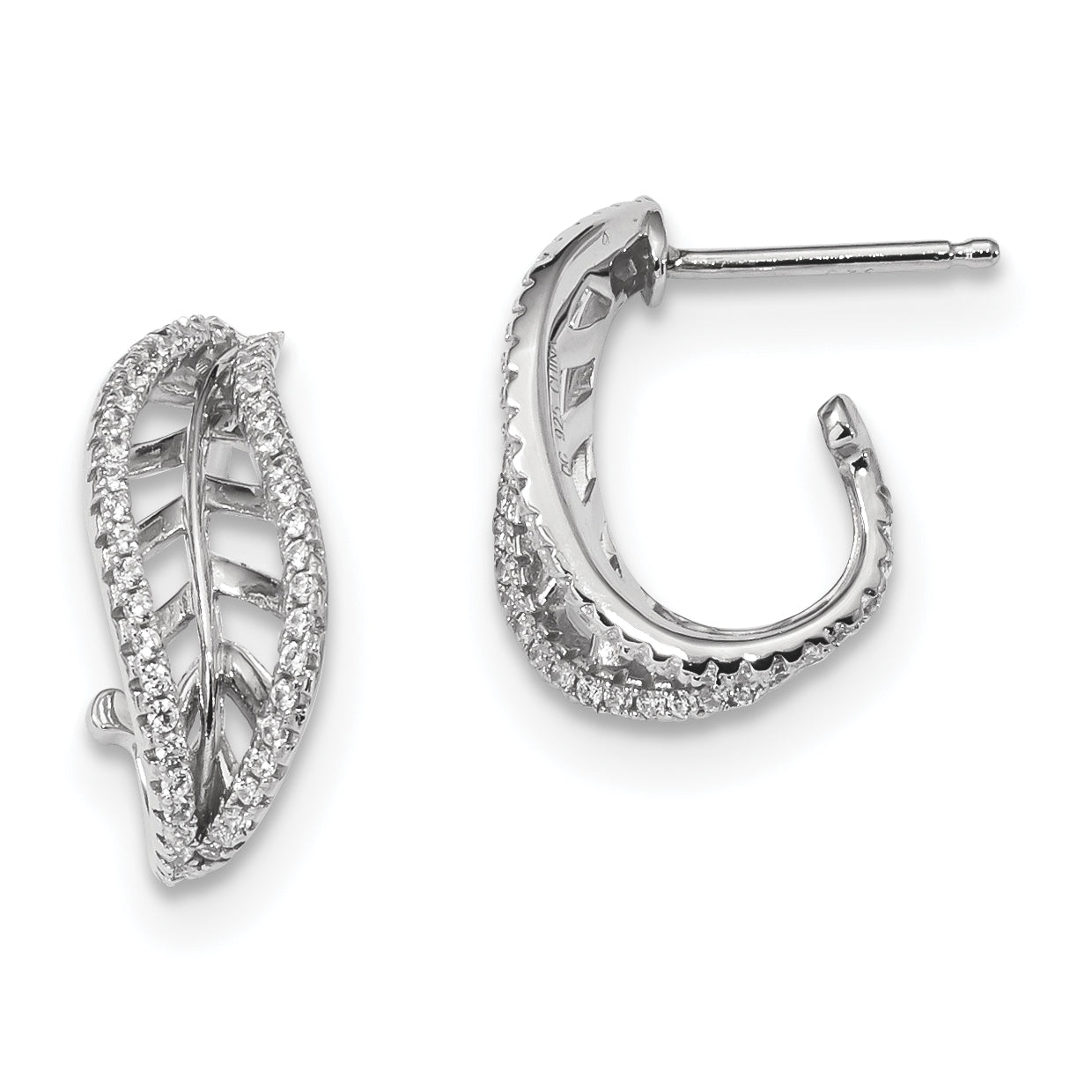 Sterling Silver Rhodium-Plated Cz J-Hoop Leaf Post Earrings