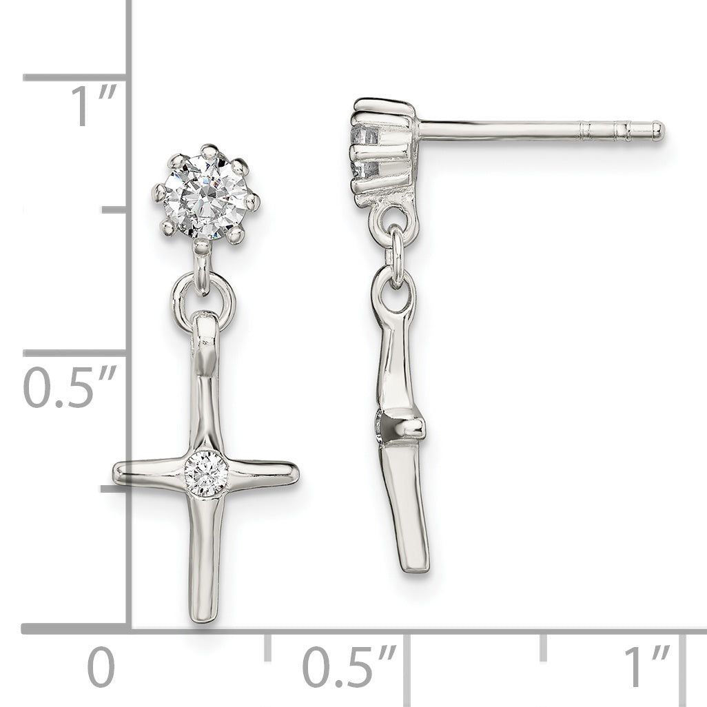 Sterling Silver Polished Cz Cross Post Dangle Earrings