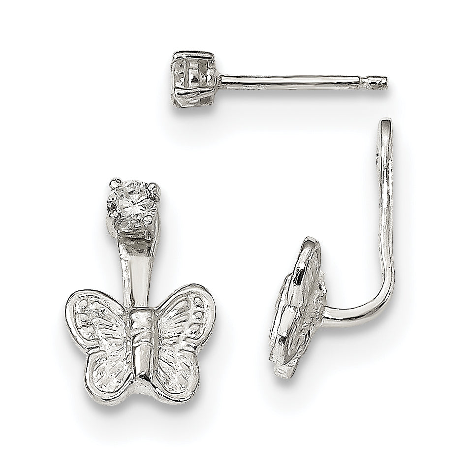 Sterling Silver Cz Butterfly Front & Back Post Dangle Earrings