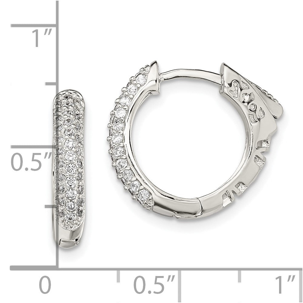 Sterling Silver Rhod-Plated Pav Cz Safety Lock Hinged Hoop Earrings