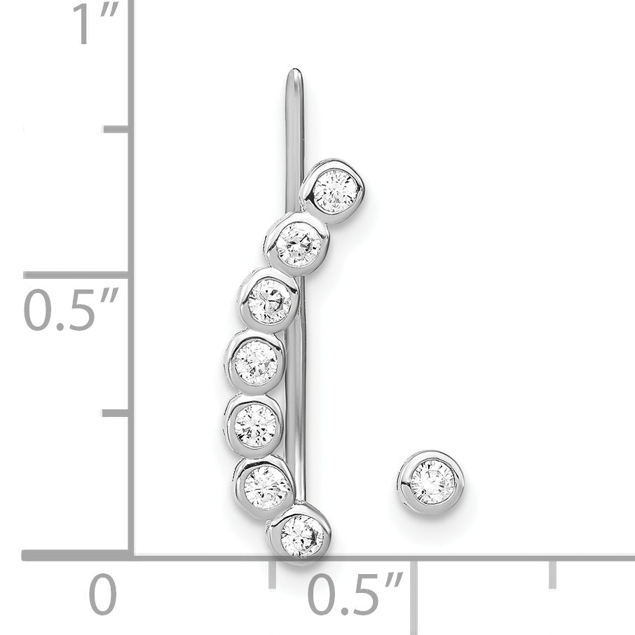 Sterling Silver Rhodium-Plated Polished Cz 1 Ear Climber & Stud Earring