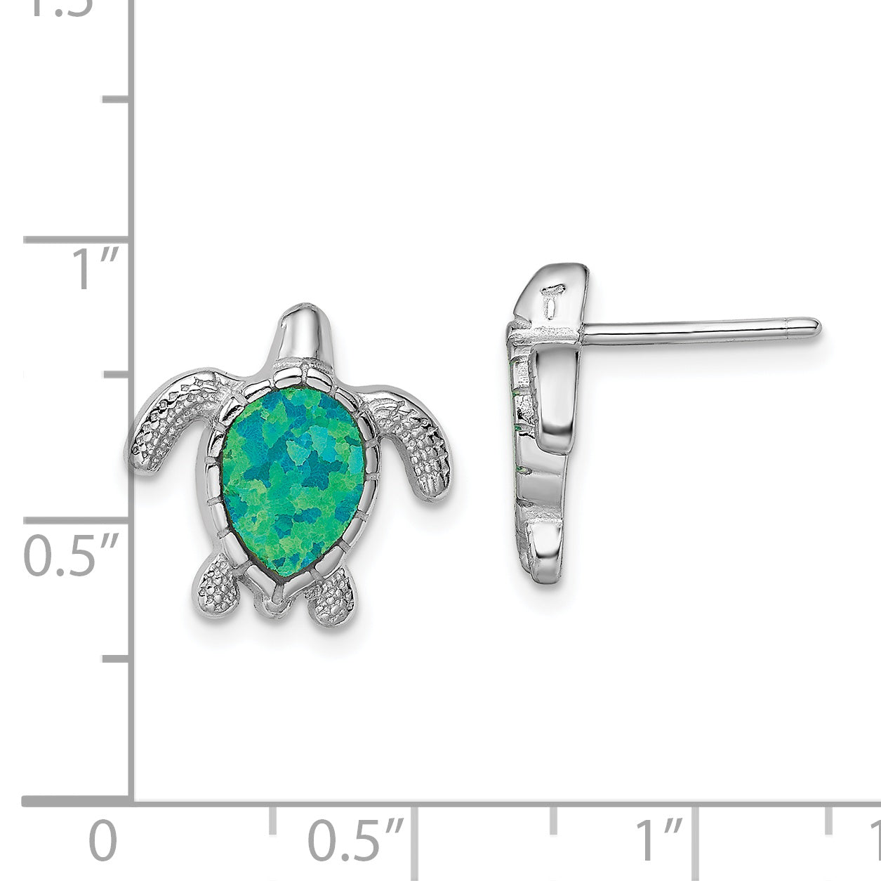 Sterling Silver Rhodium-Plated Polished Green Created Opal Turtle Post Earrings