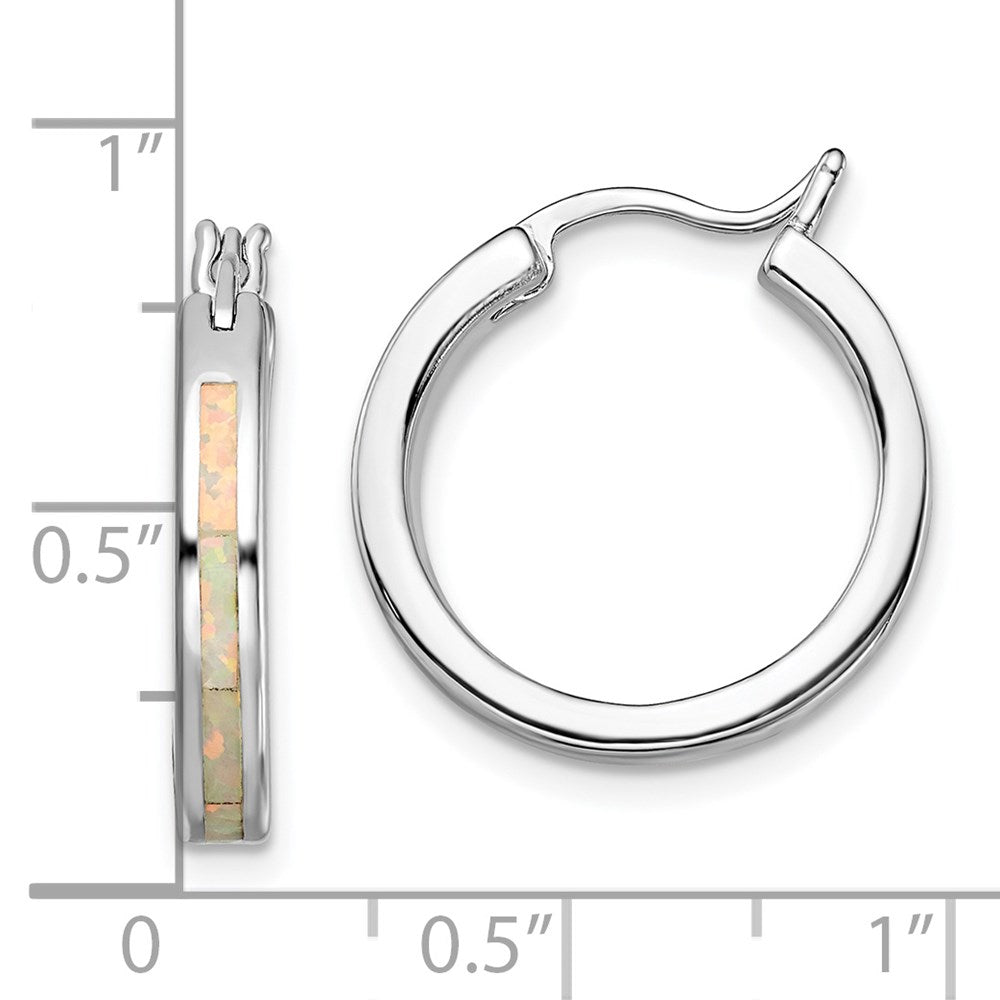 Sterling Silver Rhodium-Plated Created Opal Inlay Round Hoop Earrings