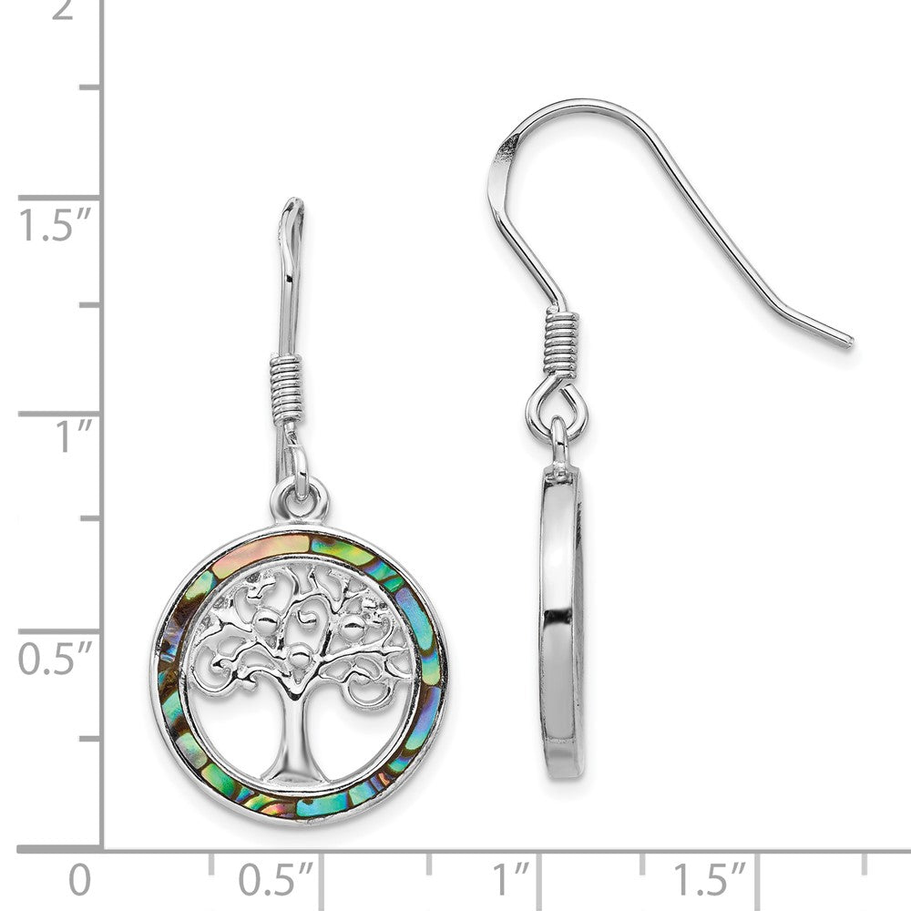 Sterling Silver Rhodium-Plated Abalone Circle W/ Tree Dangle Earrings
