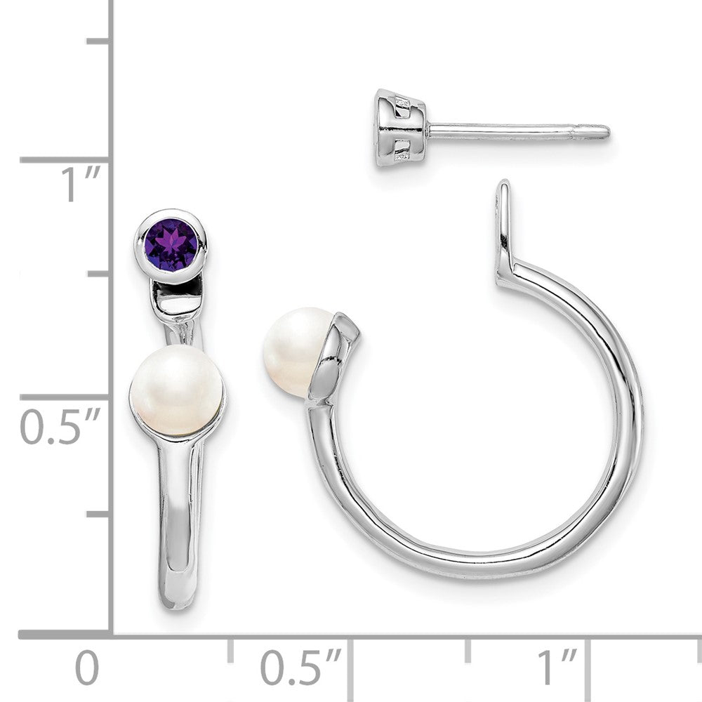 Sterling Silver Rhodium-Plate Fwc Pearl & Amethyst Front Back Earrings