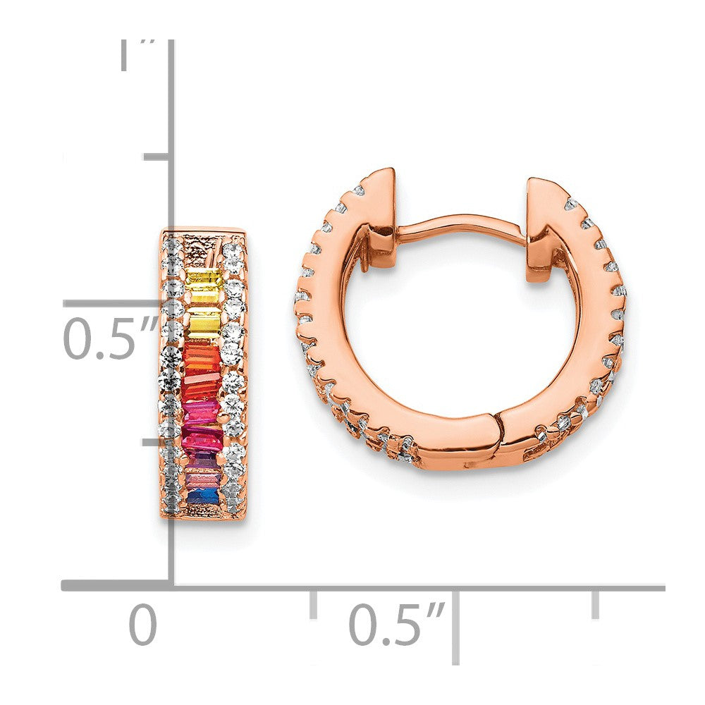 Sterling Silver Prizma Rose-Tone 14K Flash Rose Gold-Plated White And Colorful Baguette Cz Hinged Hoop Earrings
