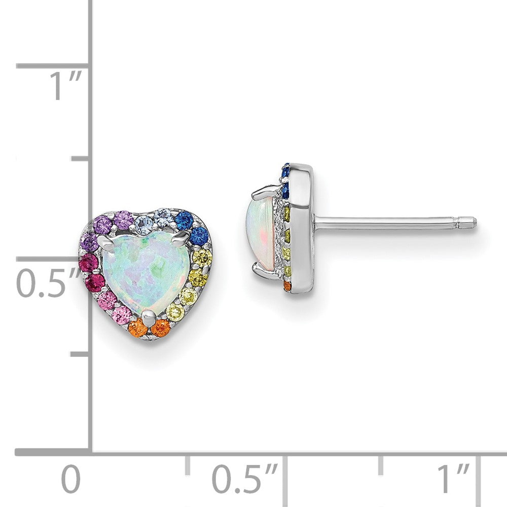 Sterling Silver Prizma Rhodium-Plated Lab Created Opal And Colorful Cz Heart Post Earrings