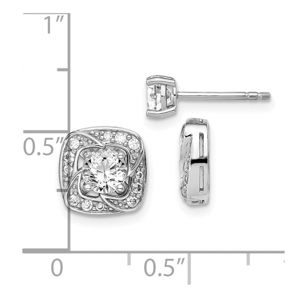Sterling Silver Rh-Plated 5mm Round Cz Post W/ Square Jackets Earrings