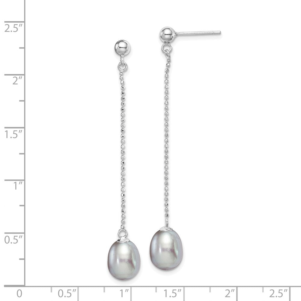 Sterling Silver Rhodium-Plated Polished & Beaded 7-8mm Grey Freshwater Cultured Pearl Post Dangle Earrings
