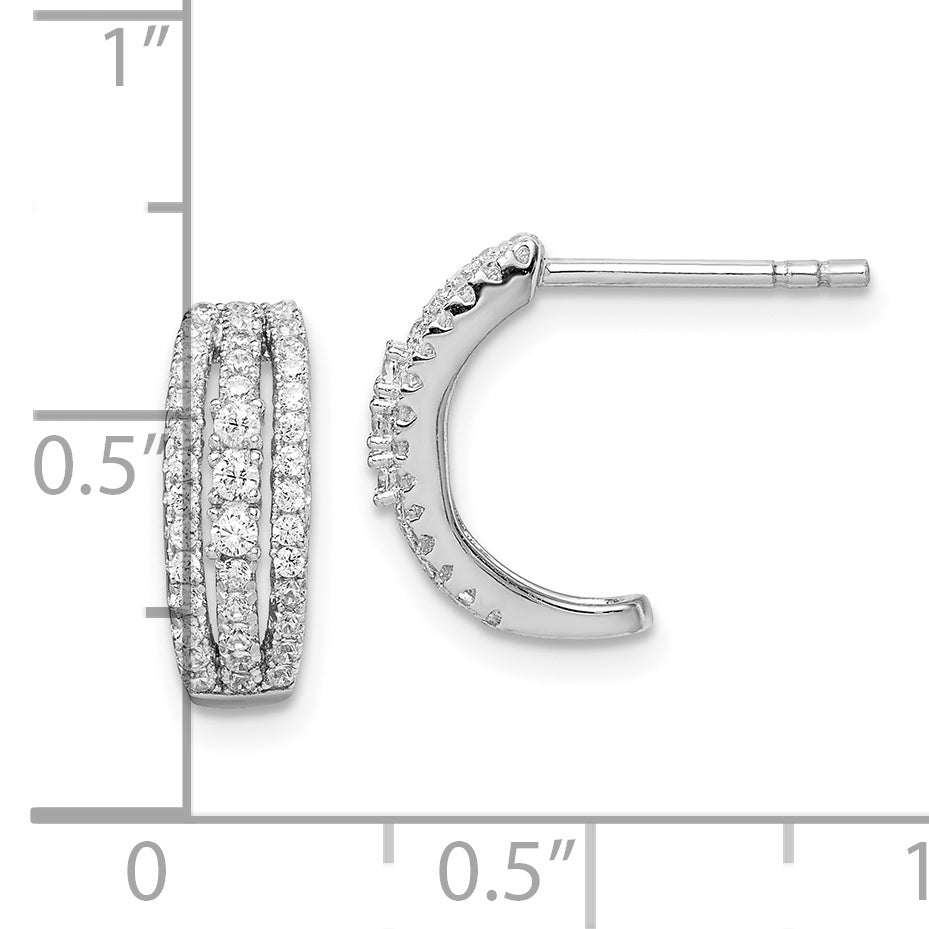 Sterling Silver Rhodium-Plated 3-Row Cz C-Hoop Post Earrings