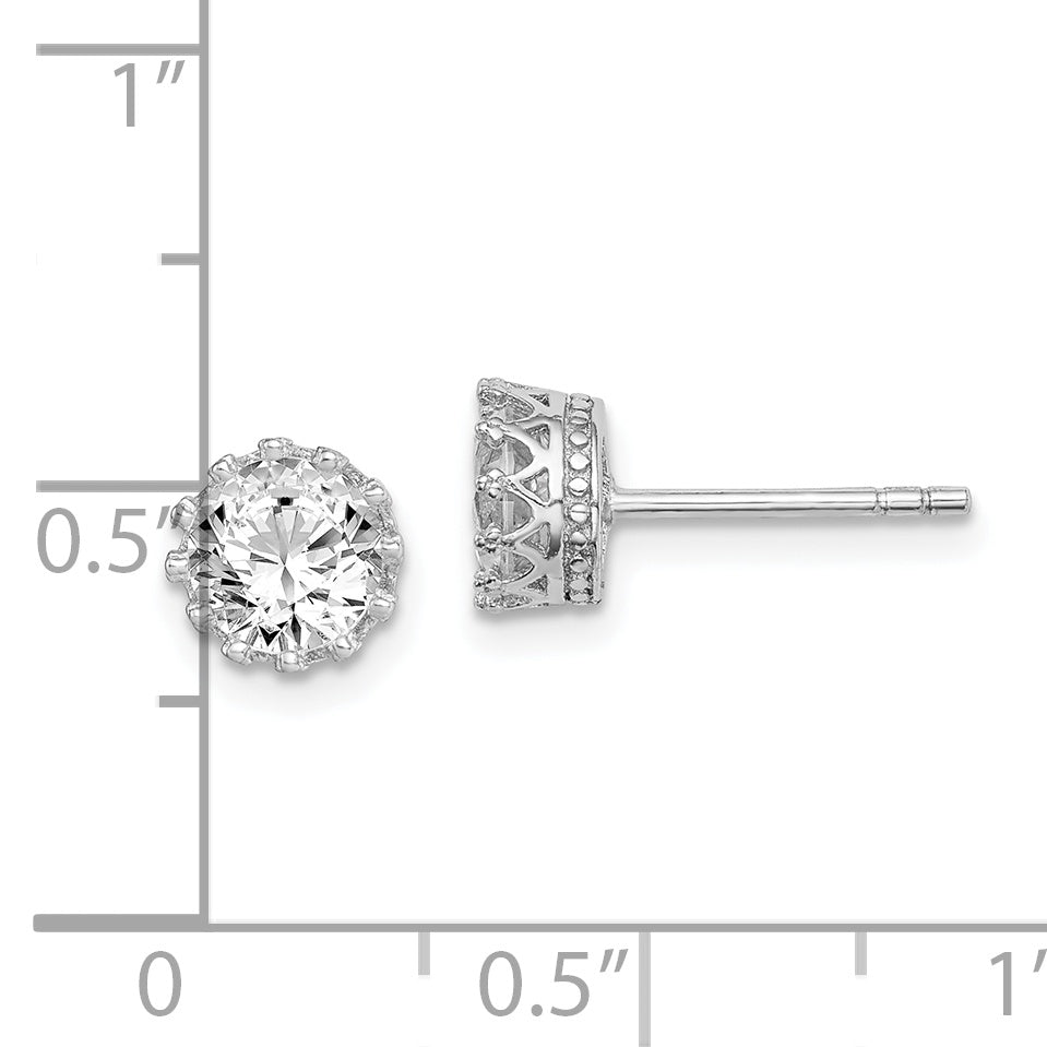 Sterling Silver Rh-Plated Polished & Textured 6mm Round Cz Stud Earrings