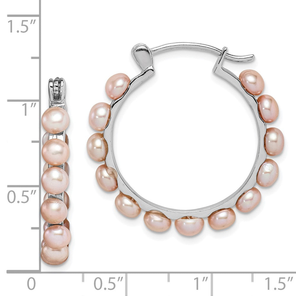 Sterling Silver Rhodium-Plated Polished Pink 4-5mm Button Freshwater Cultured Pearl Round Hoop Earrings