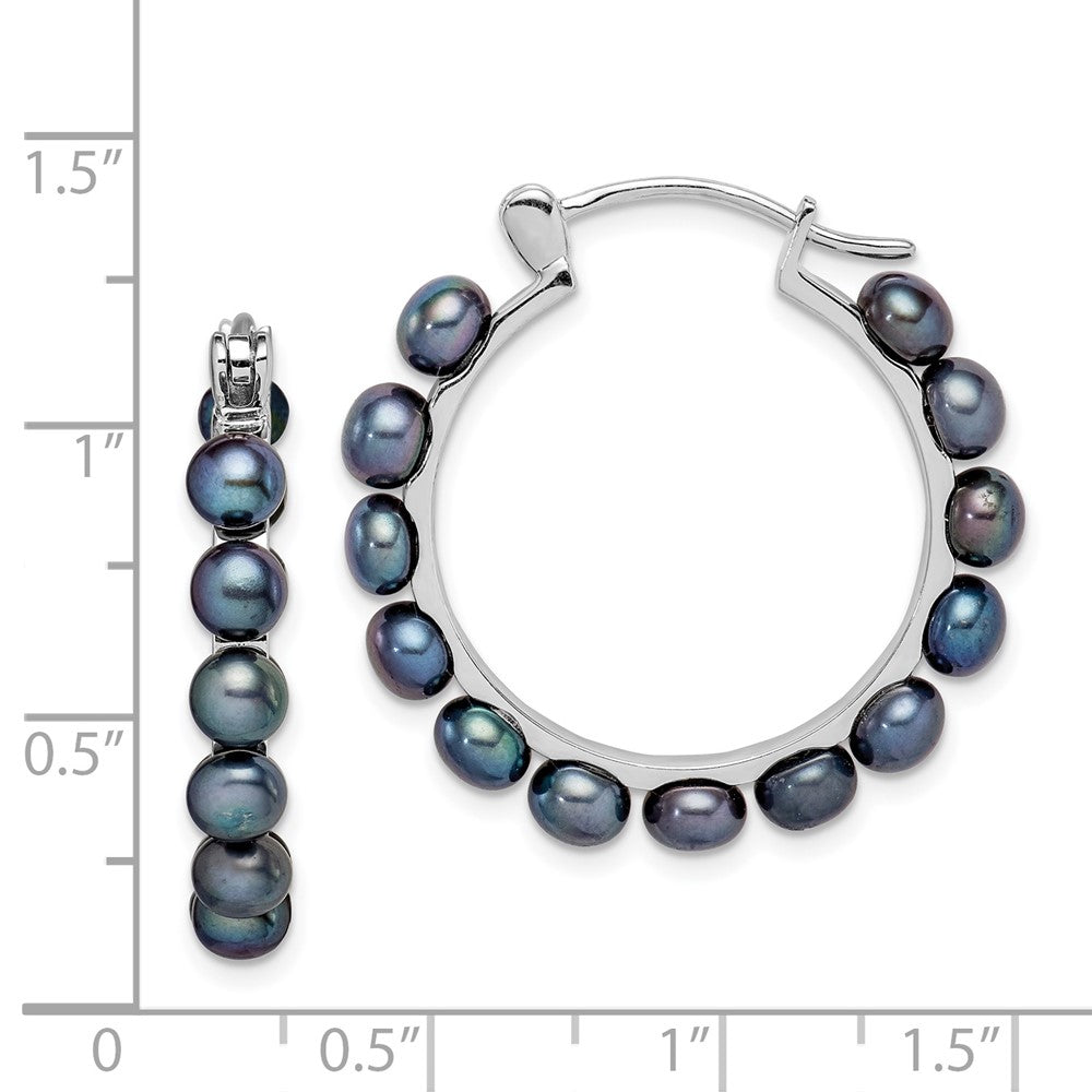 Sterling Silver Rhodium-Plated Polished 4-5mm Black Freshwater Cultured Button Pearl Round Hoop Earrings