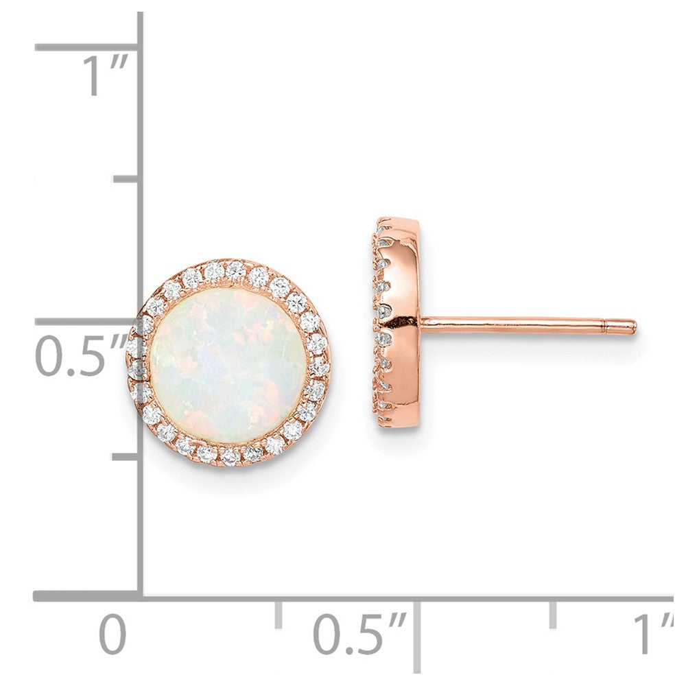 Sterling Silver Rose-Tone Created Opal & Cz Round Halo Post Earrings