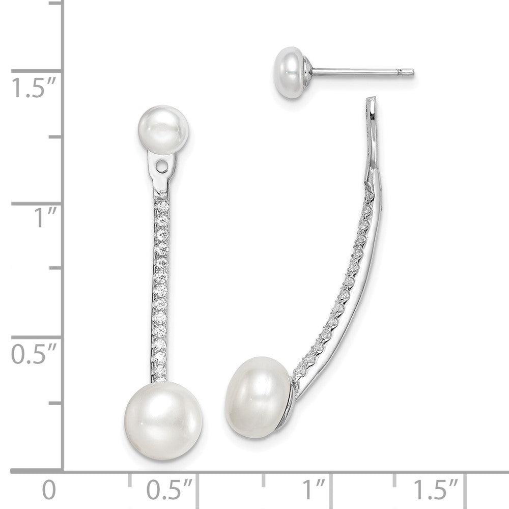 Sterling Silver Rhodium-Plated Polished White 5-7mm Freshwater Cultured Pearl & Cz With Jacket Post Earrings
