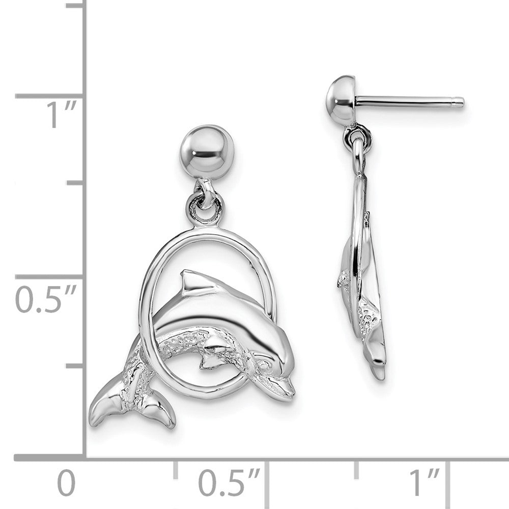 Sterling Silver De-Ani Rhodium-Plated Dolphin In Hoop Dangle Post Earrings