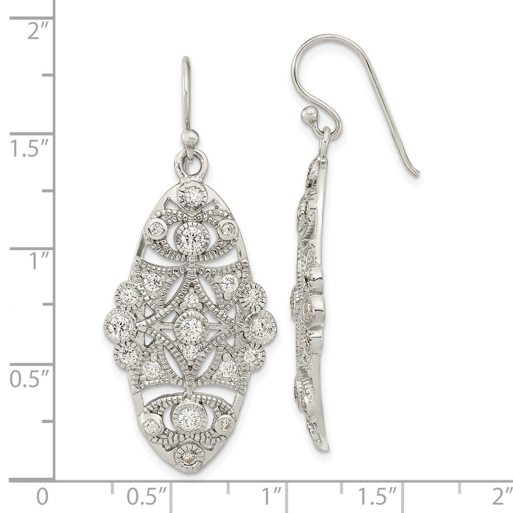 Sterling Silver Polished Fancy Cz Dangle Shephard Hook Earrings
