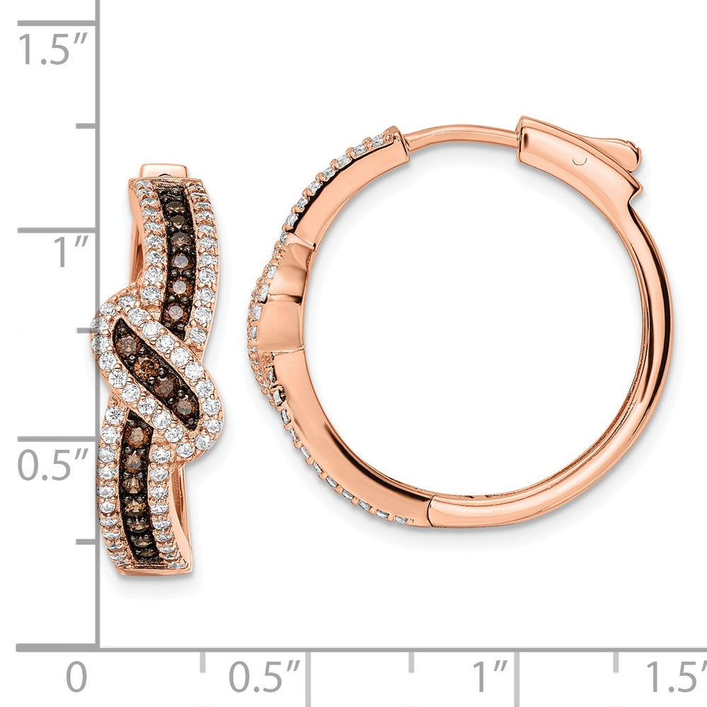 Sterling Silver Rose-Tone Blk Rhodium-Plate Cz Fancy Hinged Hoop Earrings