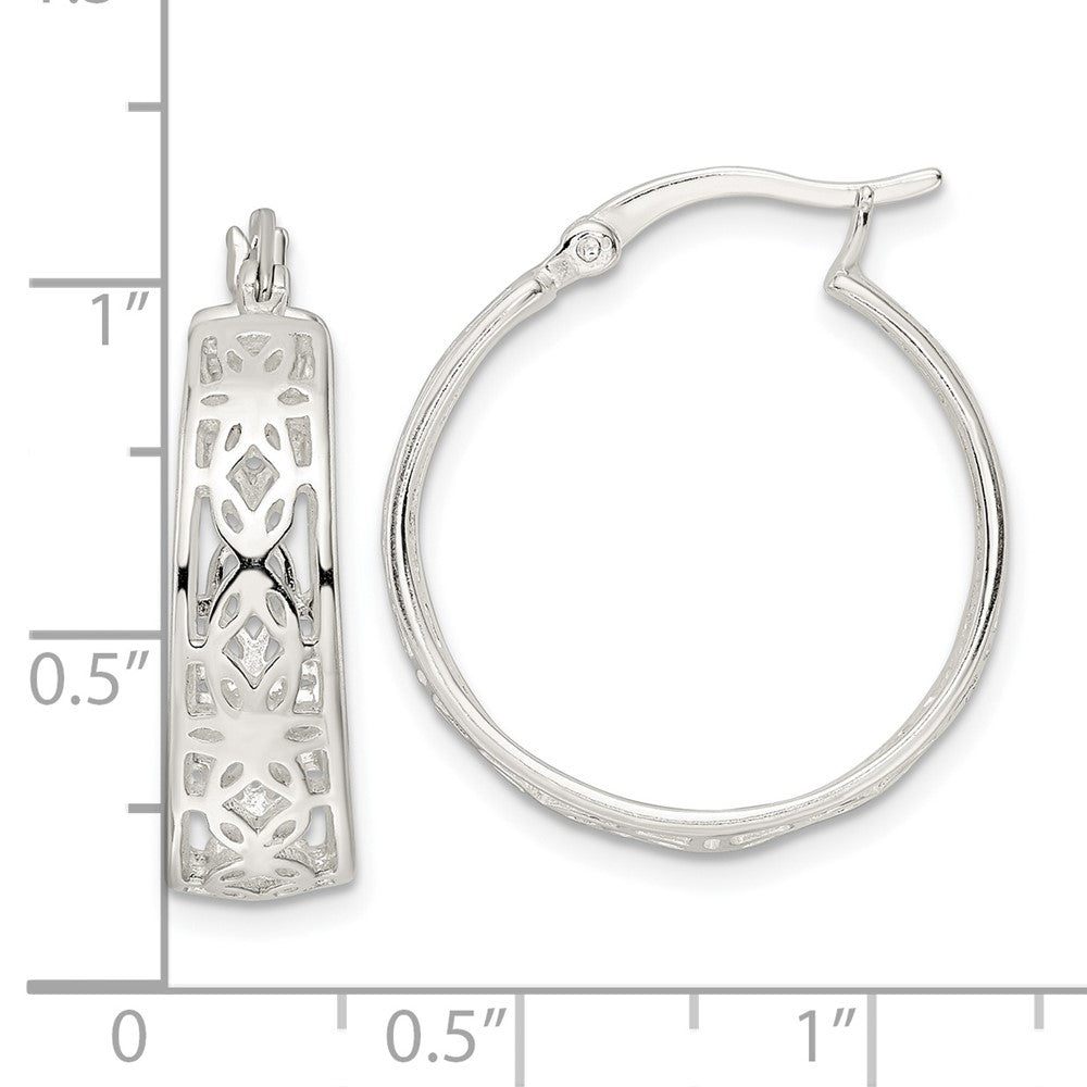 Sterling Silver Polished Cut-Out Floral Round Hoop Earrings