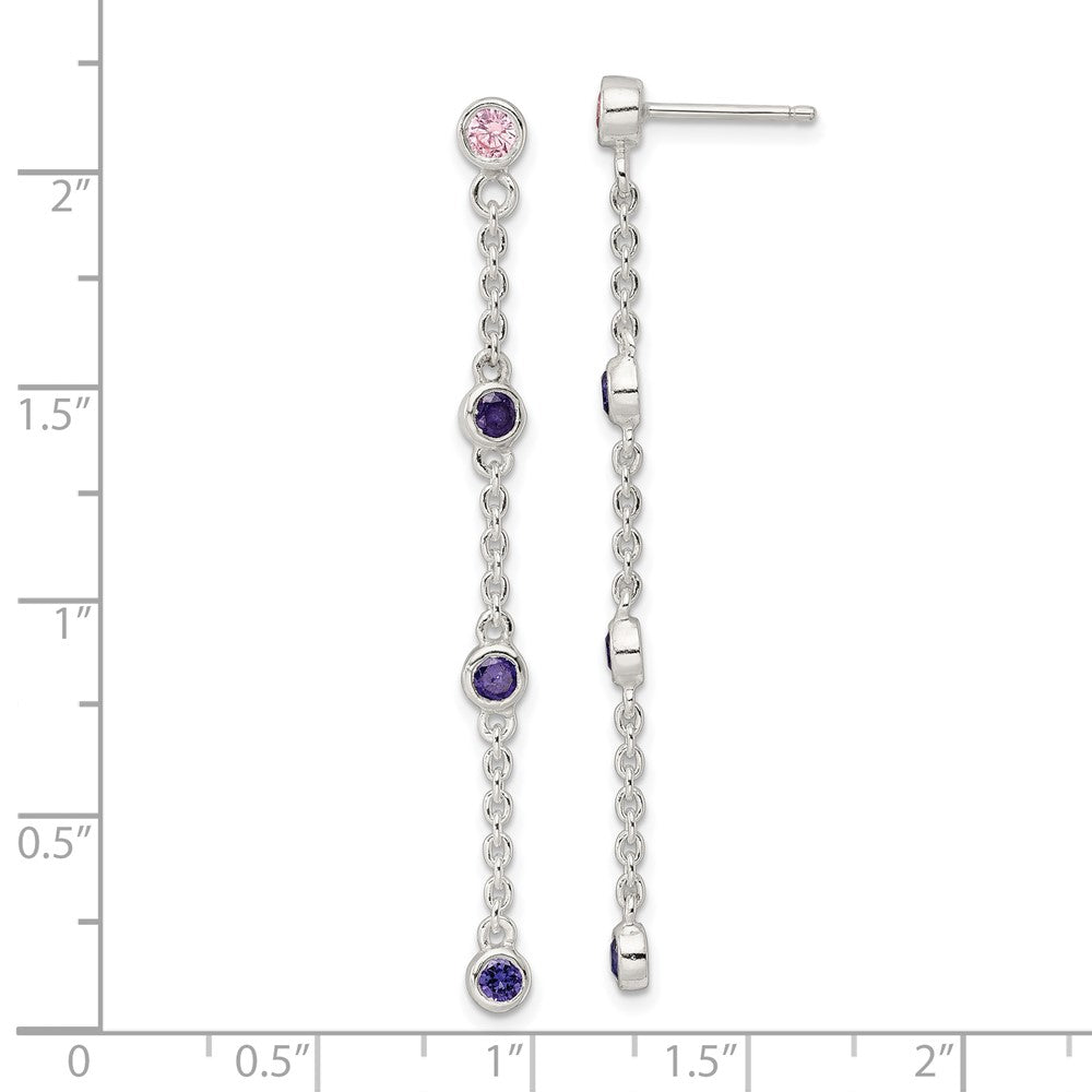 Sterling Silver Chain W/Pink And Purple Bezel Czs Dangle Post Earrings