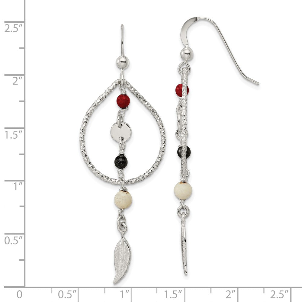 Sterling Silver Diamond-Cut Red Black & Ivory Coral Feather Dangle Earrings