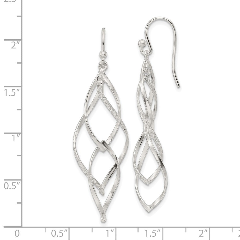 Sterling Silver Polished & Lasered Texture Twisted Dangle Hook Earrings