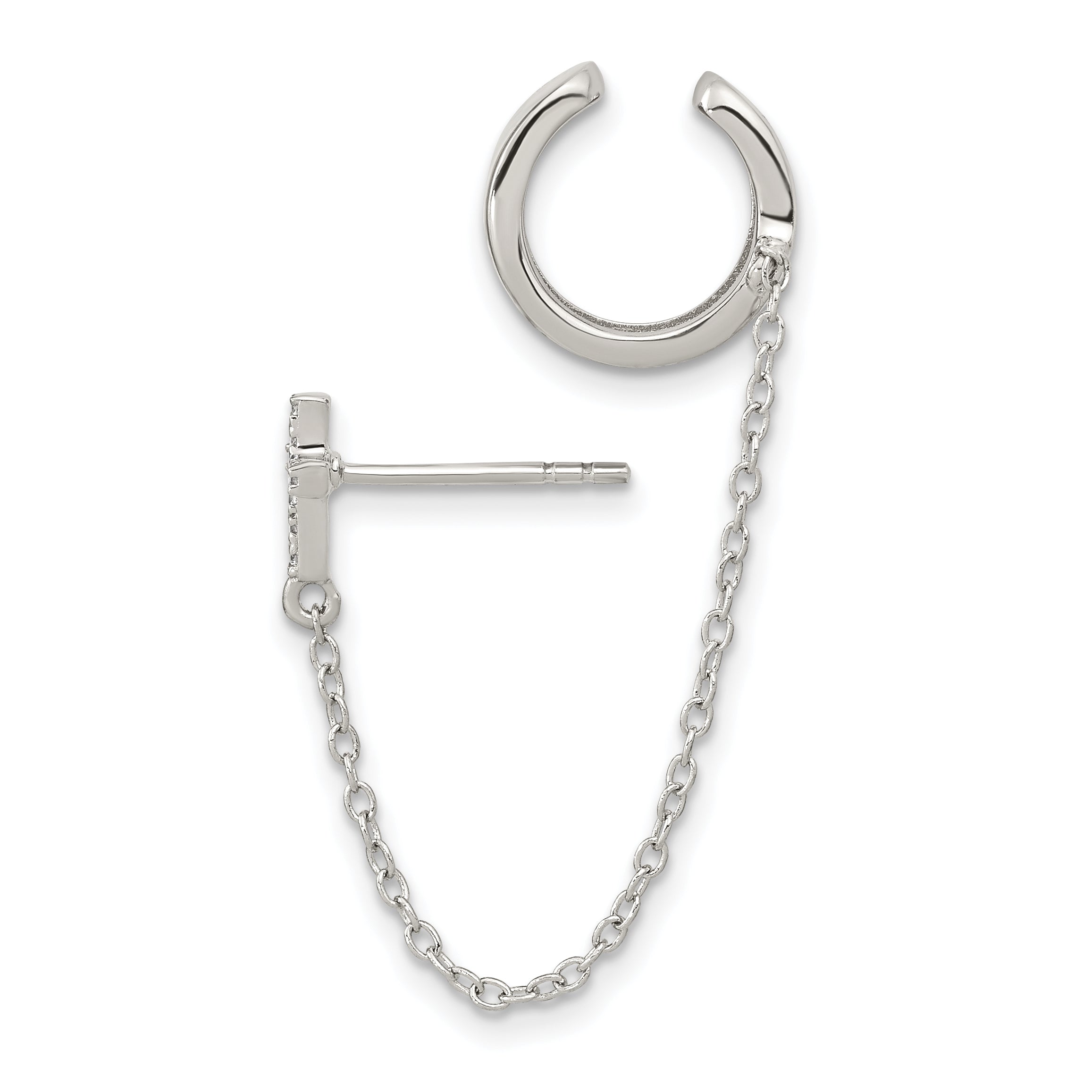 Sterling Silver Rh-Plated Cz Cross W/ 2In Chain Single Post & Cuff Earrin