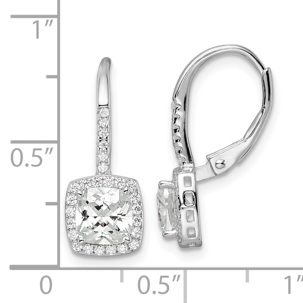 Sterling Silver Rh-Plated Polished Princess Cut Cz Halo Leverback Earrings