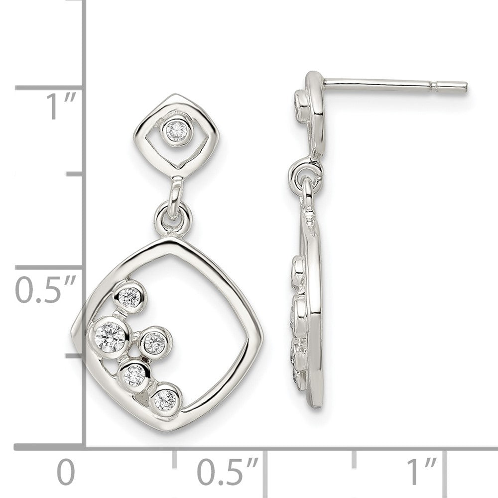 Sterling Silver Polished Cz Square Dangle Post Earrings