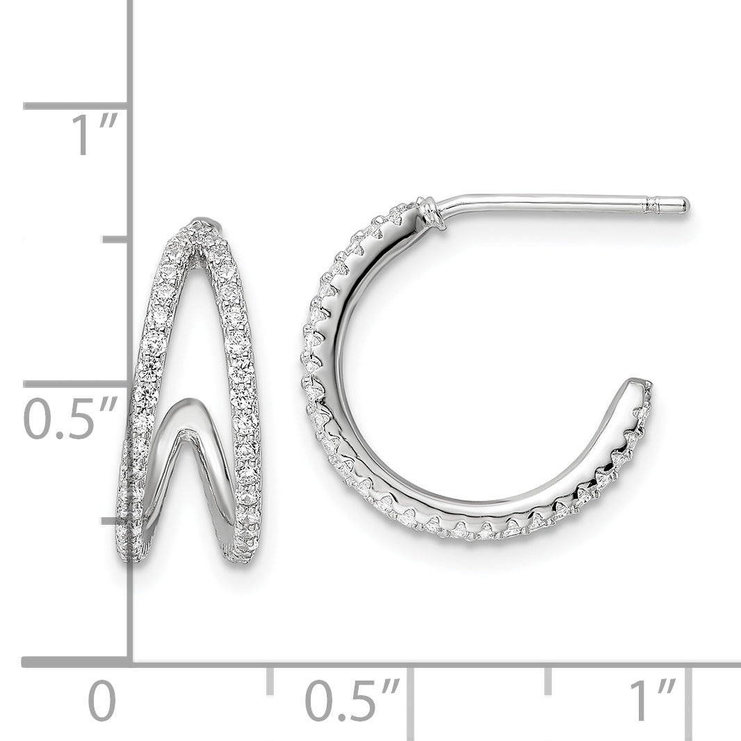 Sterling Silver Polished Rhodium-Plated Cz Post Hoop Earrings