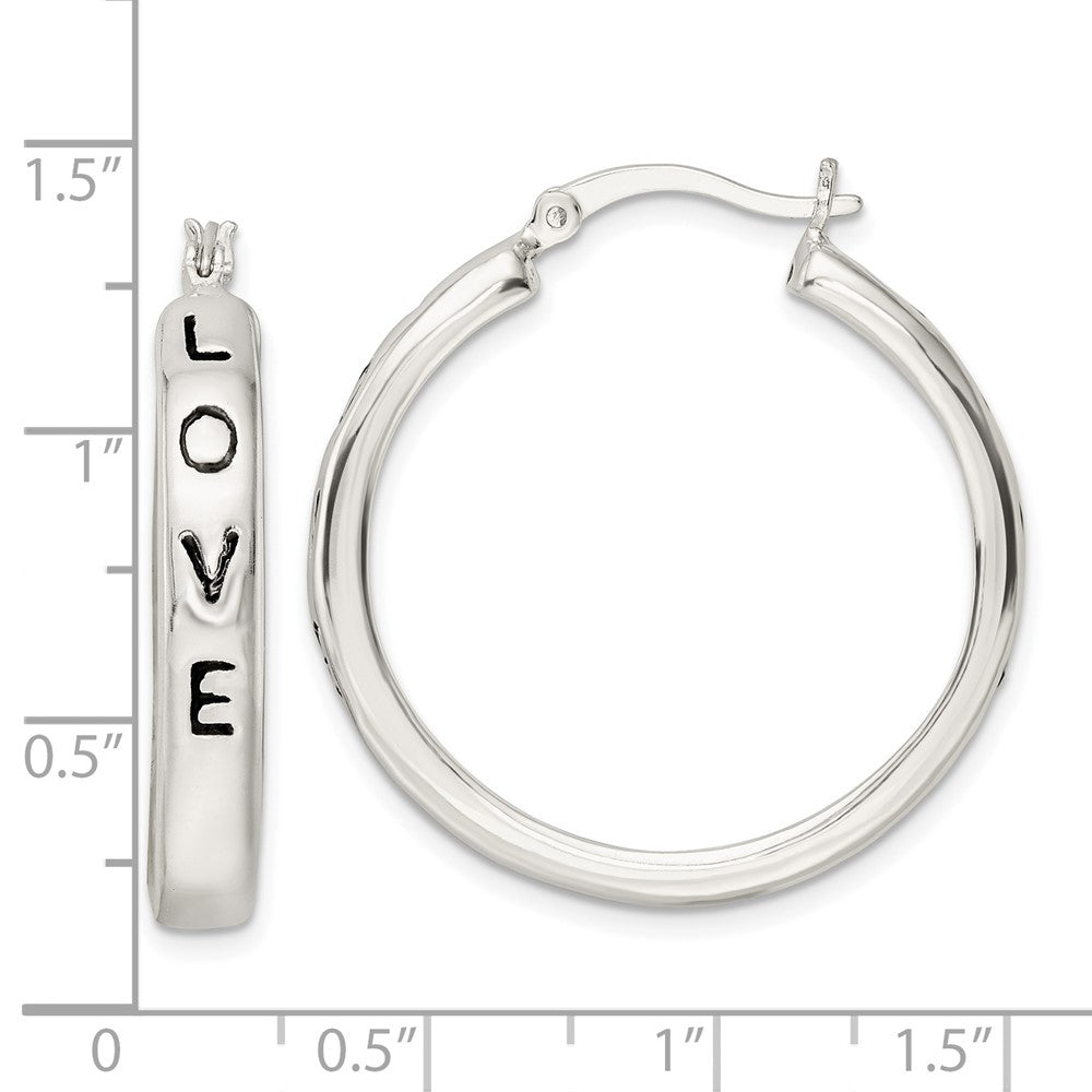 Sterling Silver Polished Black Enamel Love Circle Hoop Earrings