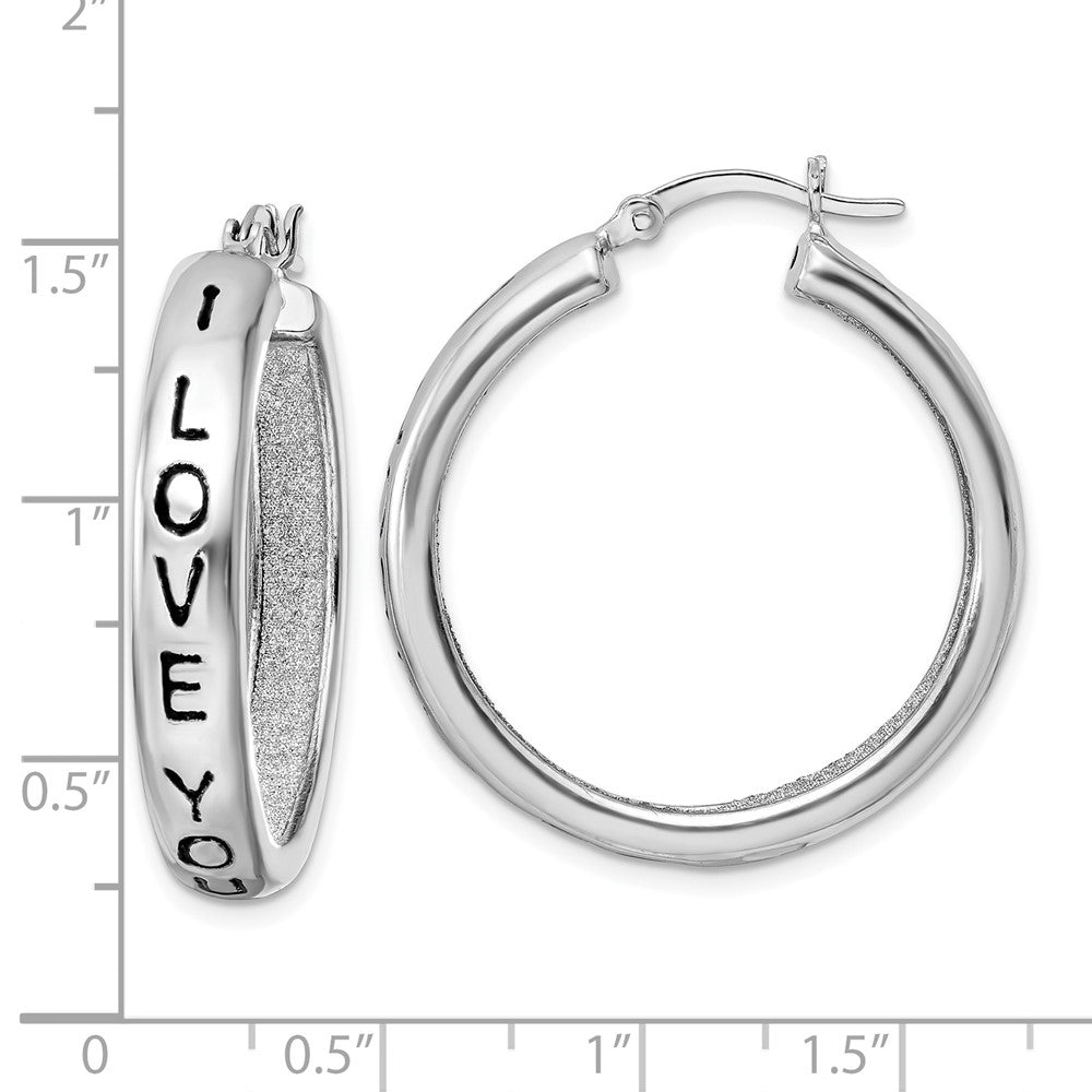 Sterling Silver Rhodium-Plated Fabric Glitter I Love You Hoop Earrings