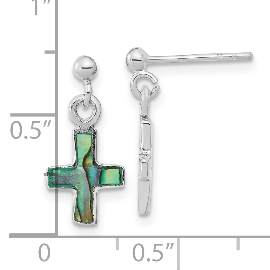 Sterling Silver Rhodium-Plated Polished Abalone Cross Dangle Post Earrings