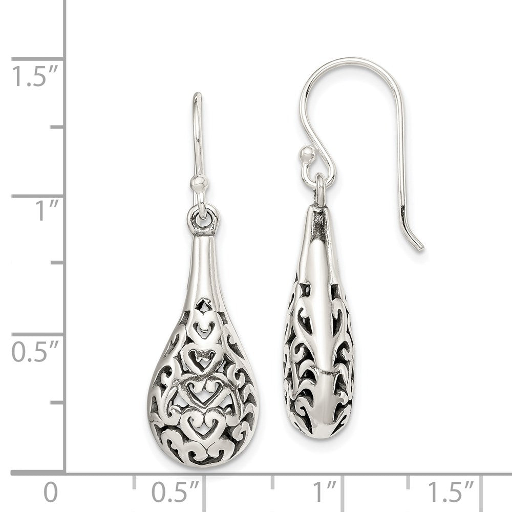 Sterling Silver Polished & Antiqued Fancy Filigree Heart Dangle Earrings