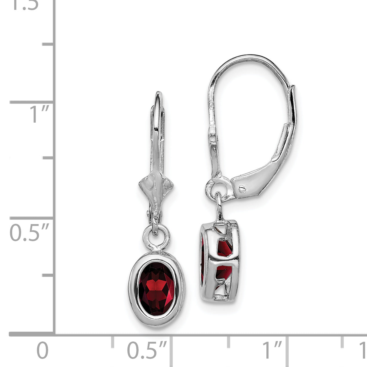Sterling Silver Rhodium Plated 7X5mm Oval Garnet Leverback Earrings