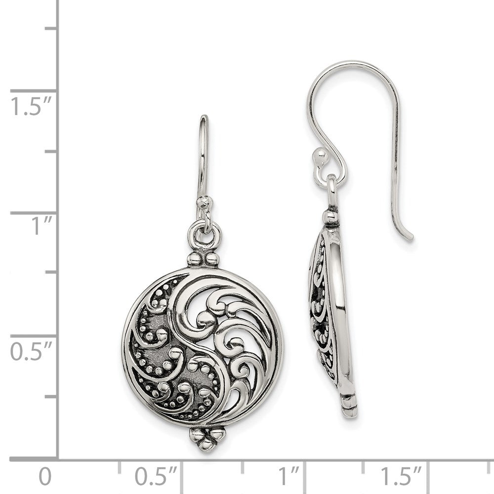Sterling Silver Polished & Antiqued Filigree Yin And Yang Dangle Earrings