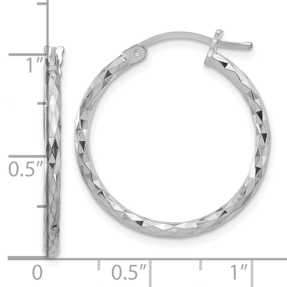 Sterling Silver Rhodium-Plated 2mm Diamond Cut Hoop Earrings