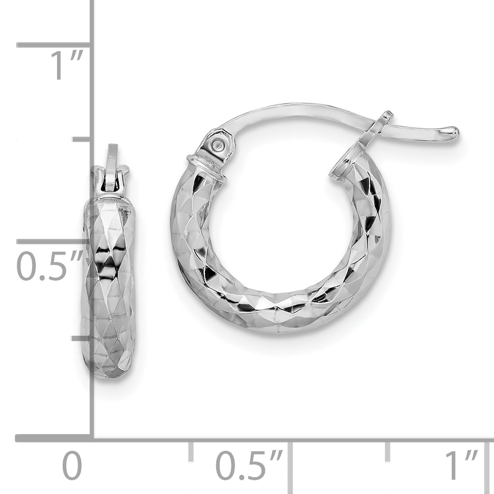 Sterling Silver Rhodium-Plated 3.00mm Diamond-Cut Hoop Earrings