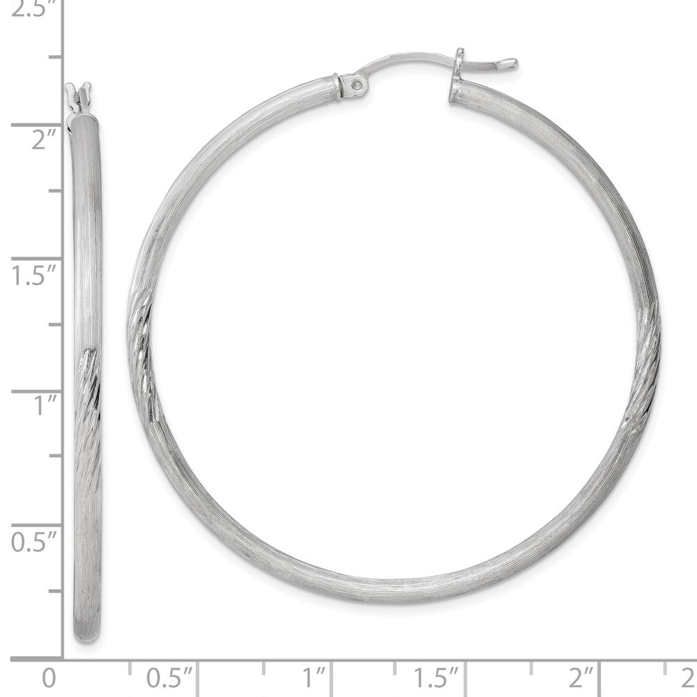 Sterling Silver Rhod-Plated 2.5mm Polished/Satin Diamond-Cut Hoop Earrings