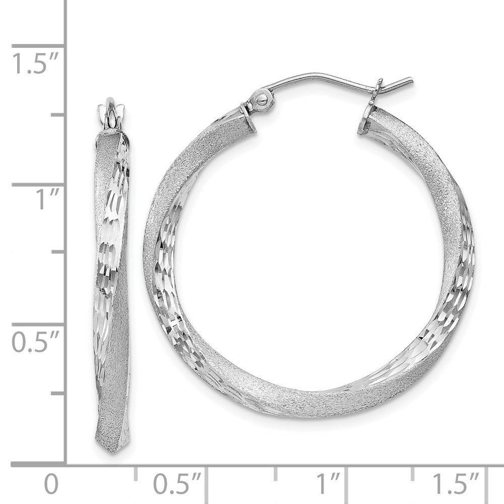 Sterling Silver Rhod-Plated Satin Diamond-Cut Twisted 3X30mm Hoop Earrings