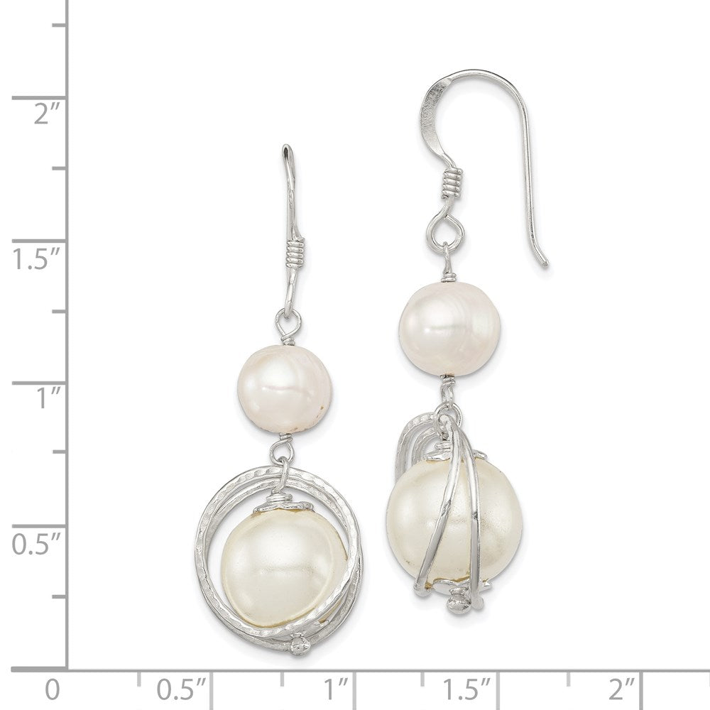 Sterling Silver Polished & Textured White 8-9mm Freshwater Cultured Pearl 11-12mm Shell Dangle Earrings