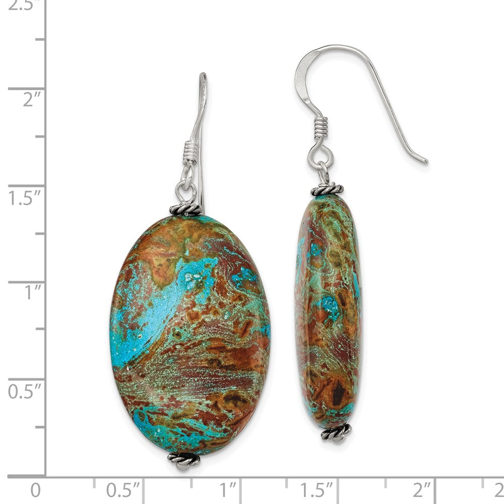 Sterling Silver Polished & Antiqued Twisted Bead Blue Jasper Oval Dangle Earrings